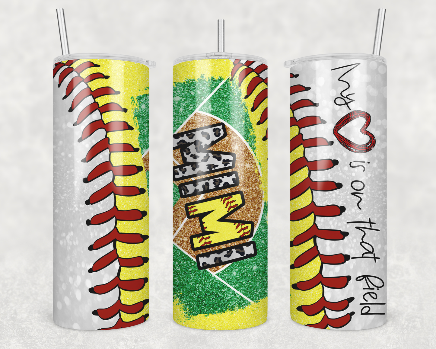 20 oz Skinny Tumbler Softball Baseball Mimi Leopard Glitter Heart on Field Sublimation Design