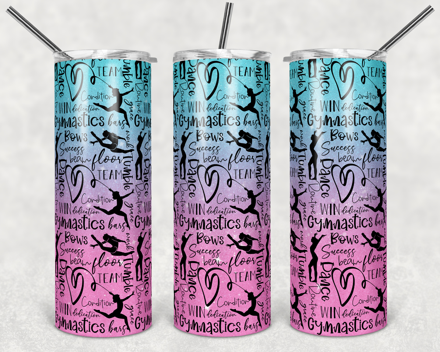 20 oz Skinny Tumbler Gymnastics Ombre Pink Teal Gymnastic Words Cheerleading Sublimation