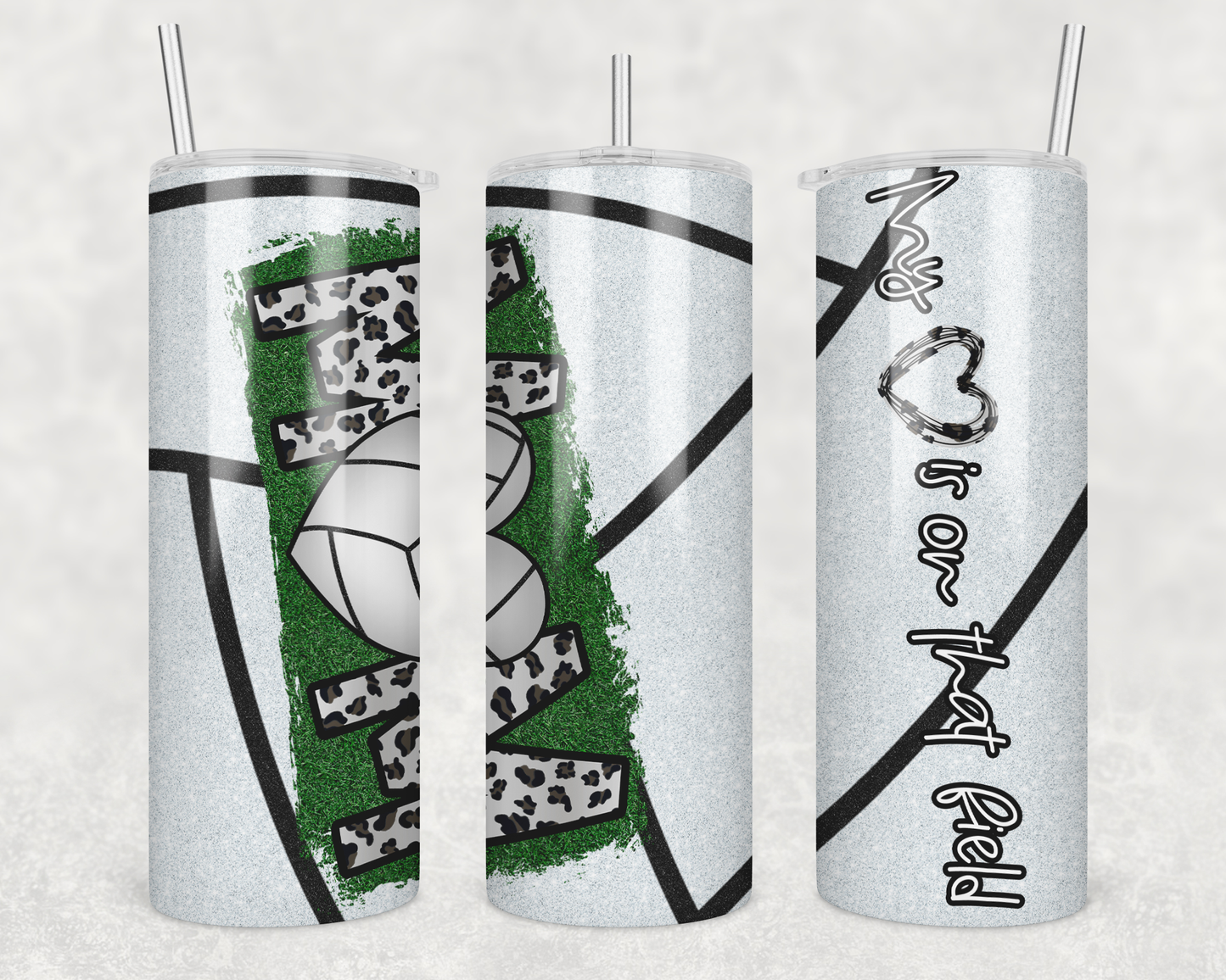 20 oz Skinny Tumbler Volleyball Mom Heart on Field Glitter Sublimation Design Print Transfer