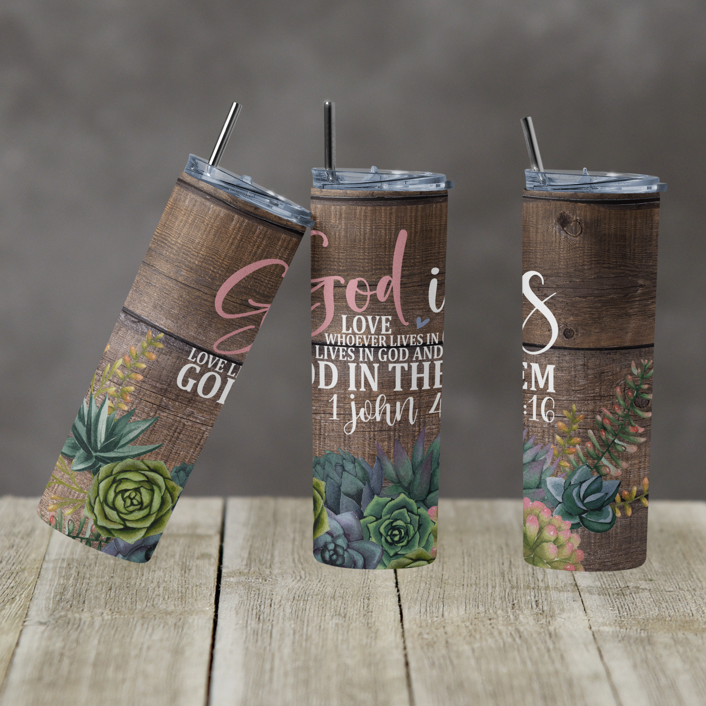 20 oz Skinny Tumbler Wood Succulent God is Sublimation Design